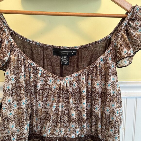 Venezia y2k blouse Brown & Blue Floral Pattern Off-Shoulder Ruffle Blinged - Picture 7 of 7